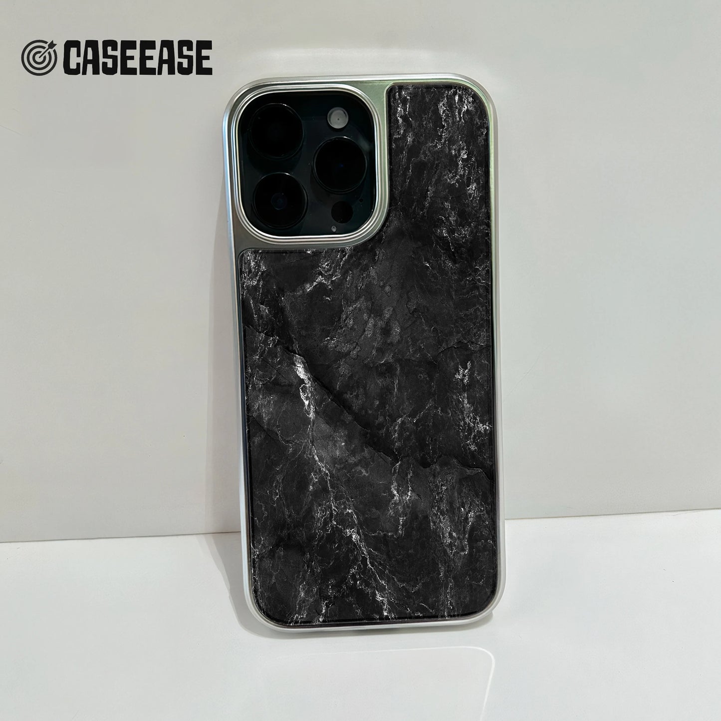 Holographic Chrome iPhone 15 Pro Case - Elegant Black Marble Design