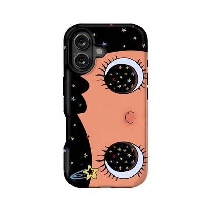 Black and peach illustrated phone case with starry eyes, back product view