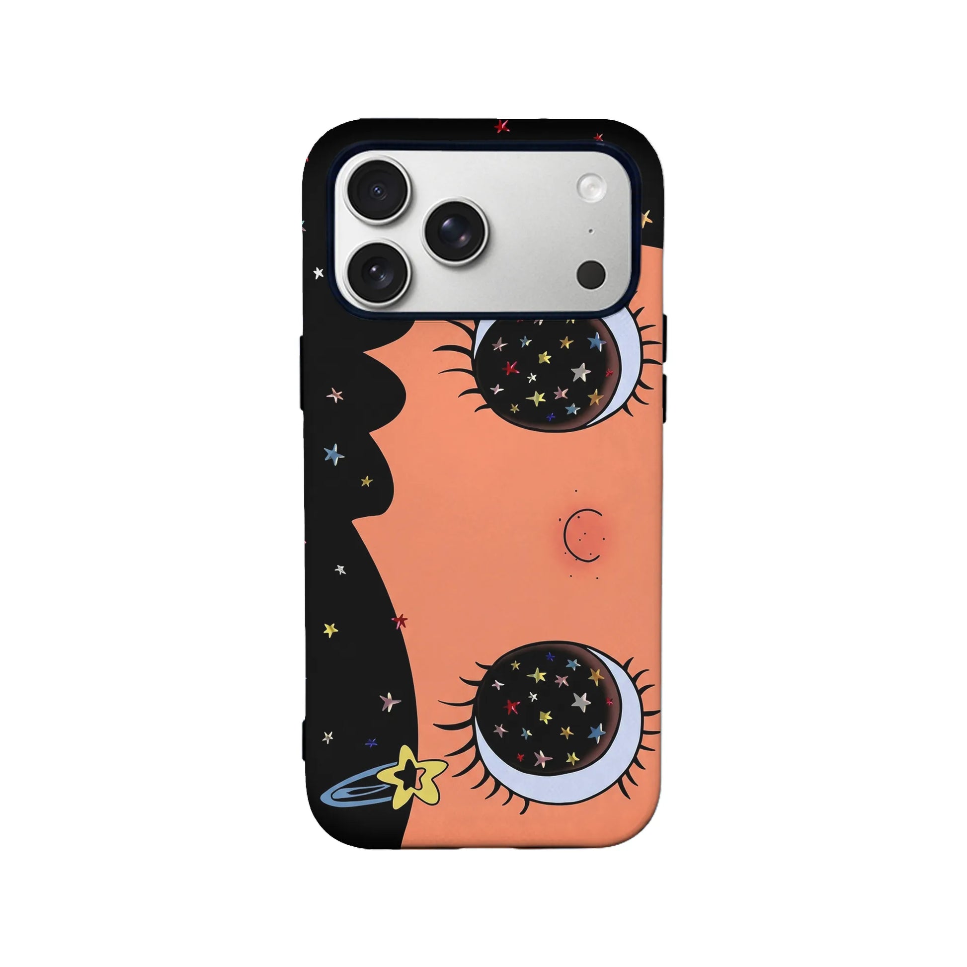 Black and peach starry eye print phone case, rear product view