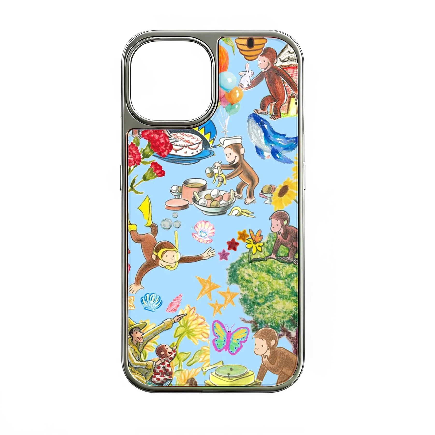 Funda holográfica cromada con diseño de mono curioso - Diseño de dibujos animados coloridos