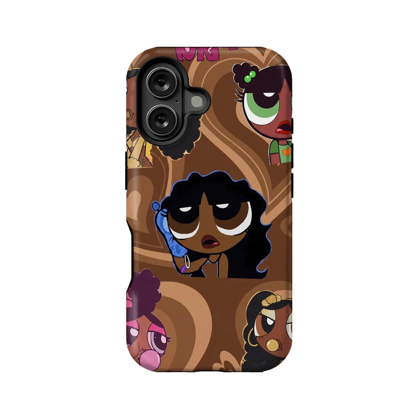 Brown cartoon character phone case, rear view with black dual camera cutout