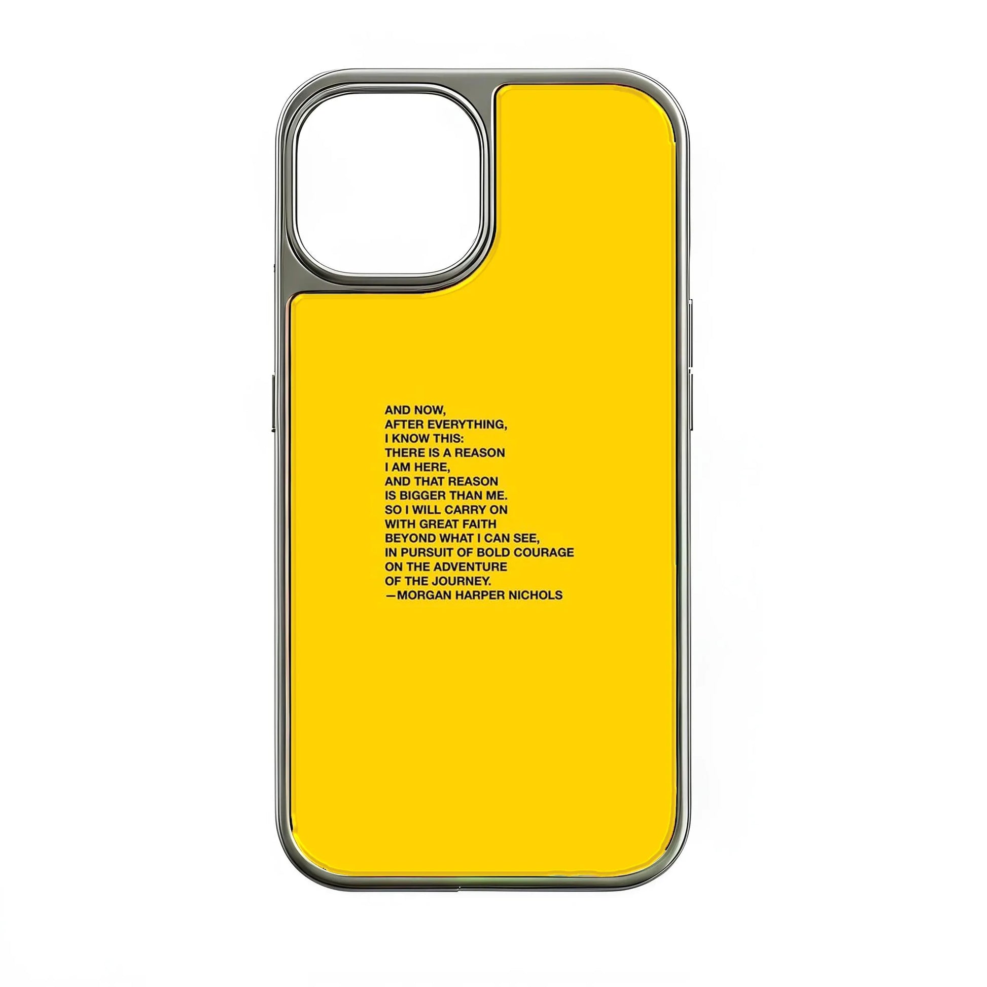 Bright yellow smartphone case featuring black typography with the "Reason is Bigger Than Me" poem by Morgan Harper Nichols.