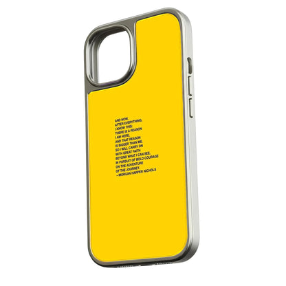 Bright yellow smartphone case featuring black typography with the "Reason is Bigger Than Me" poem by Morgan Harper Nichols.