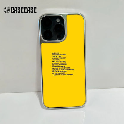 Bright yellow smartphone case featuring black typography with the "Reason is Bigger Than Me" poem by Morgan Harper Nichols.