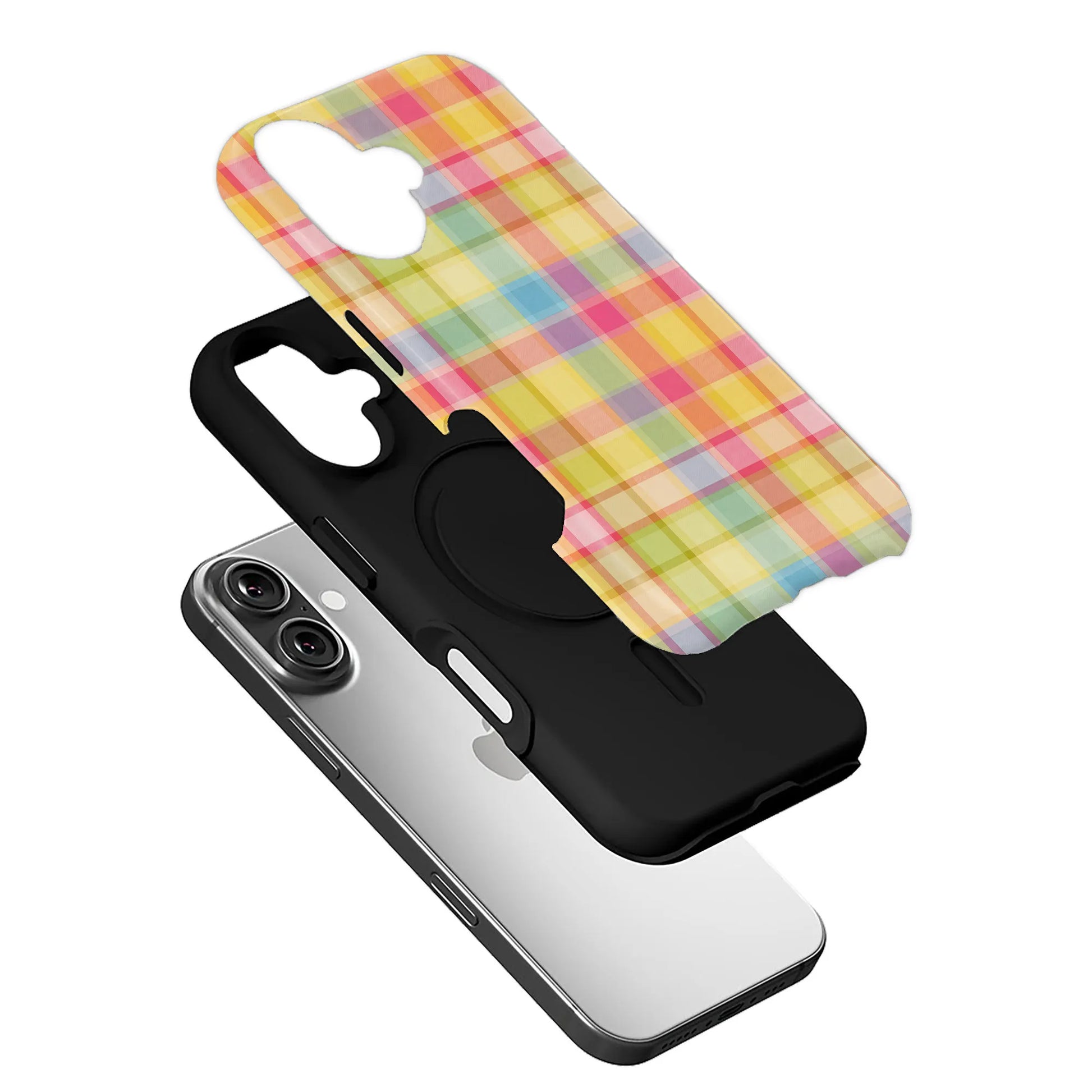 Pastel plaid phone case layers shown in exploded angled product view