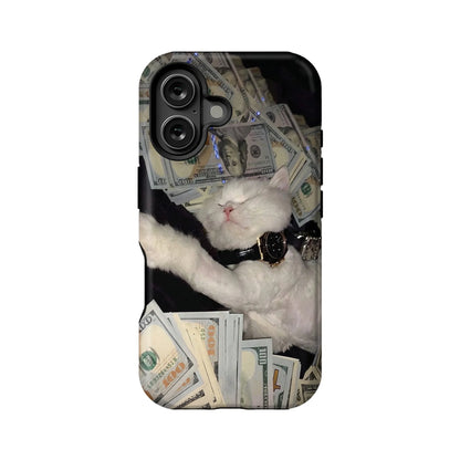 Black phone case rear view with white cat and dollar bill print
