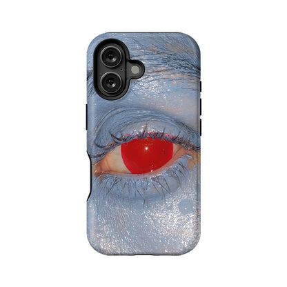 Blue eye print smartphone case with red iris, back view product shot