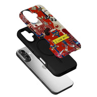 Red collage-style phone case with black bumper shown angled above silver smartphone