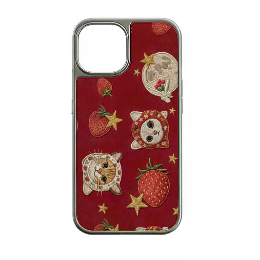 Embroidered Cats and Strawberries Phone Case - Cute and Colorful Design