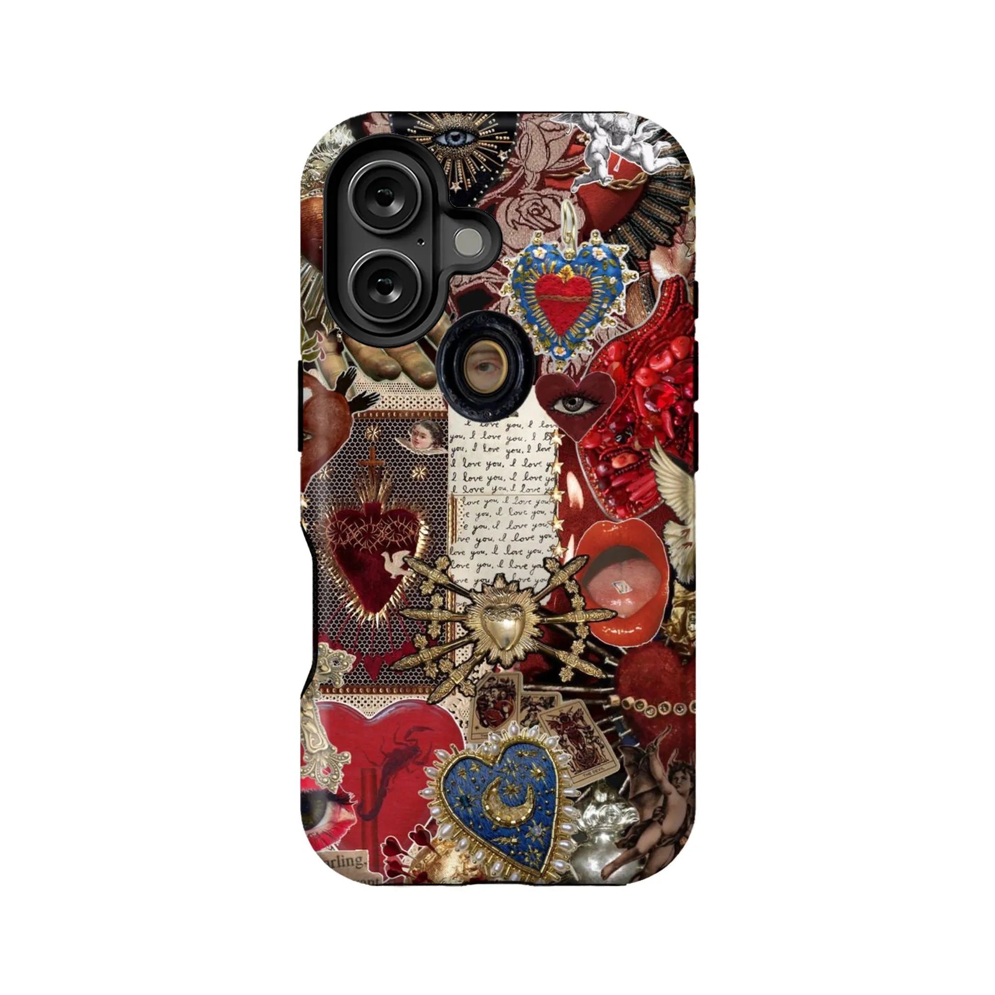 Funda de teléfono vintage con collage y diseños de corazones
