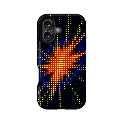 Black plastic phone case with yellow dot abstract pattern, rear angle with dual camera cutout