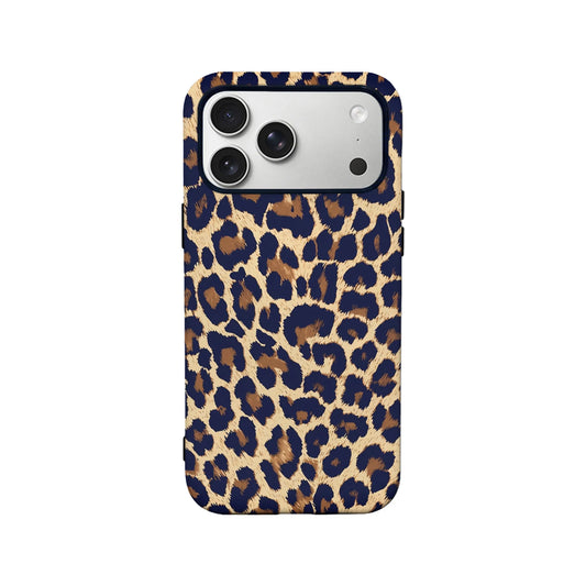 Navy and tan leopard print phone case shown from back for iPhone product page