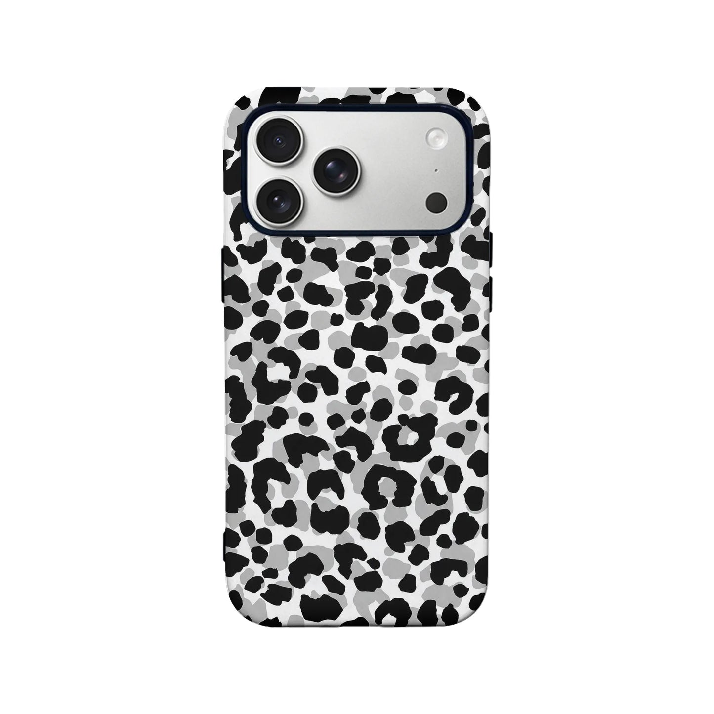 Black gray white leopard print plastic phone case, rear view with camera cutout