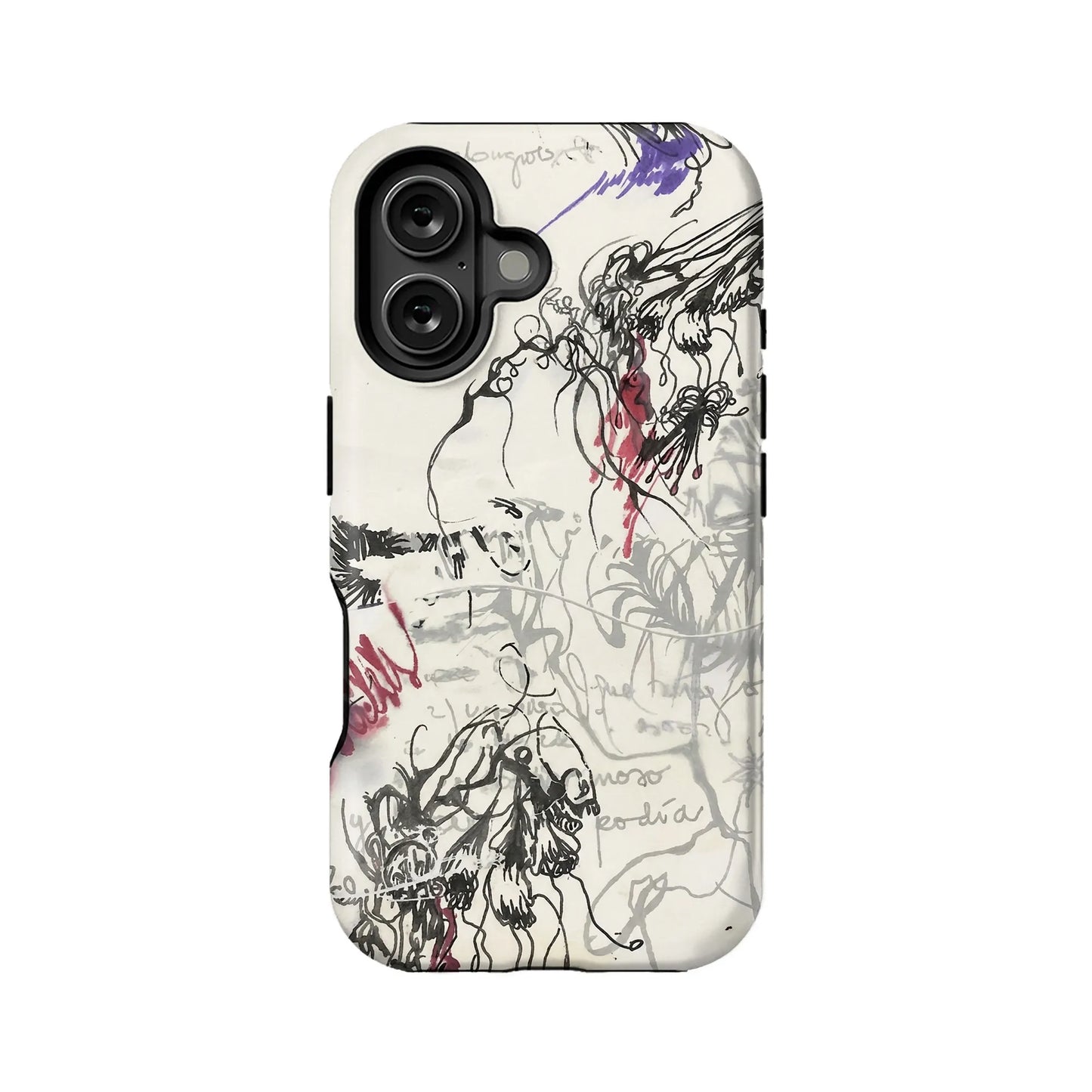 Cream plastic phone case with abstract black and red sketch print, rear product view