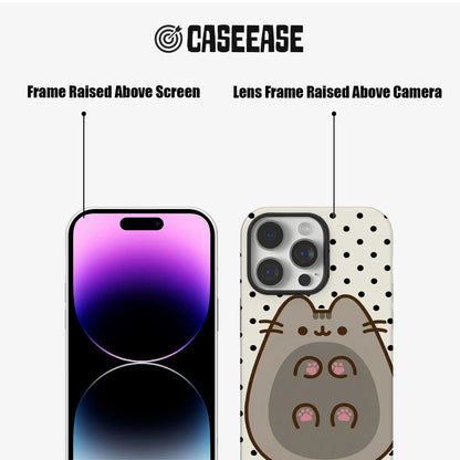 Cream polka dot cat phone case, front and rear angles showing raised frames