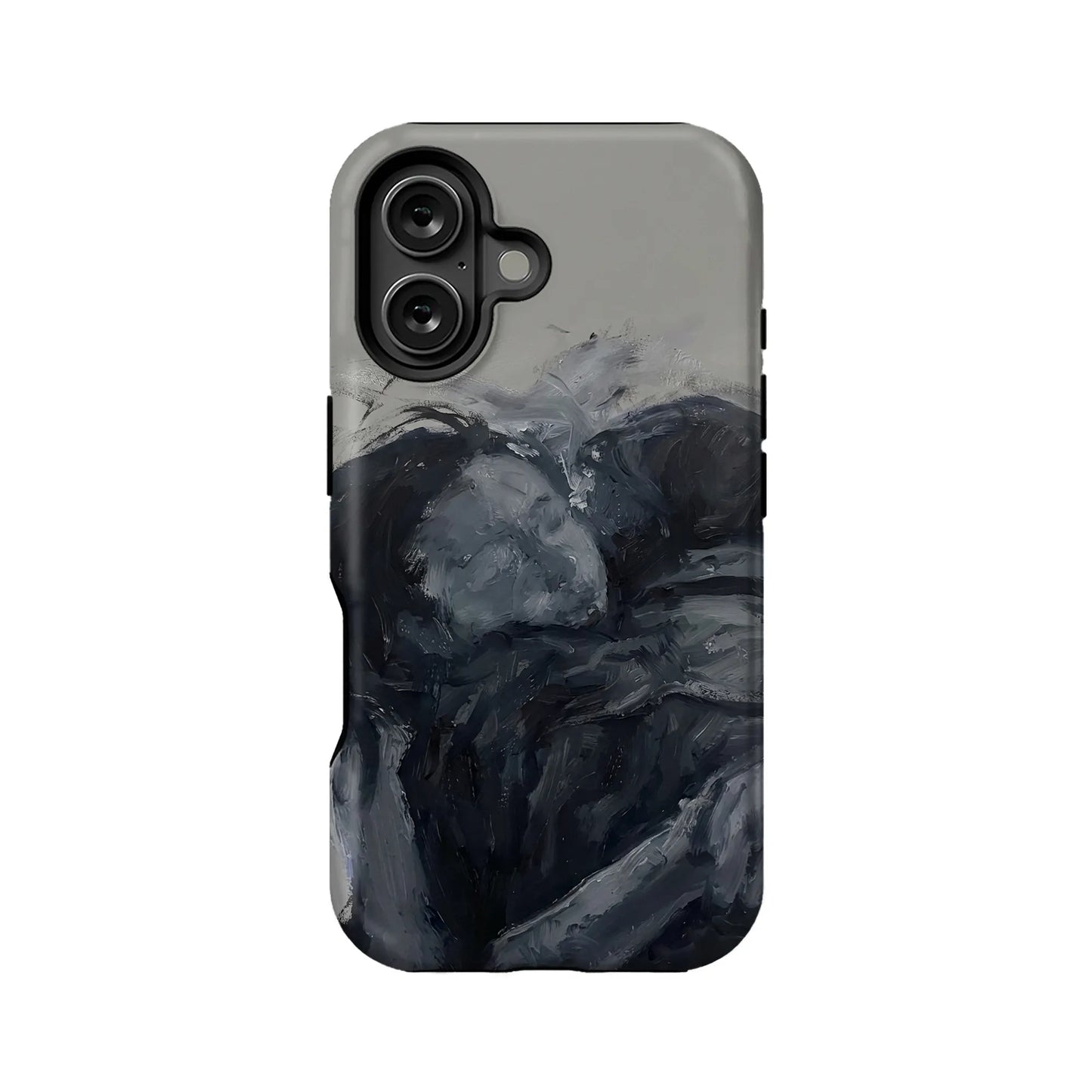 Gray and black abstract brushstroke phone case, rear view with dual camera cutout