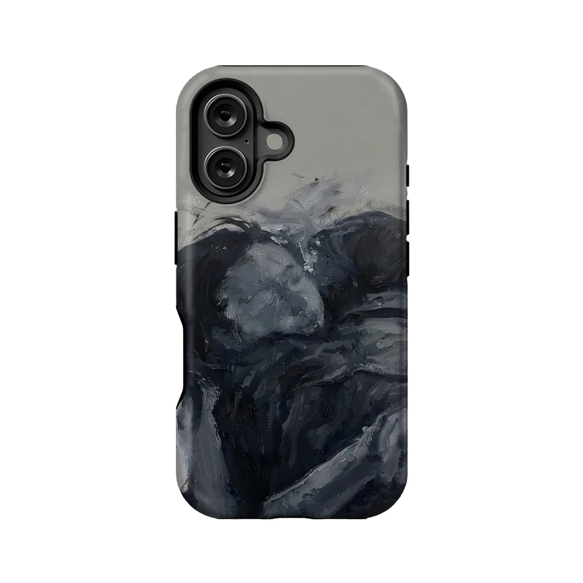 Gray and black abstract brushstroke phone case, rear view with dual camera cutout