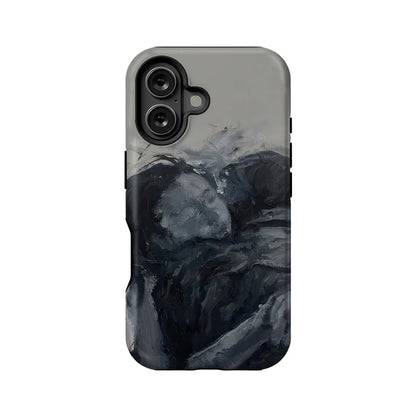 Gray and black abstract brushstroke phone case, rear view with dual camera cutout