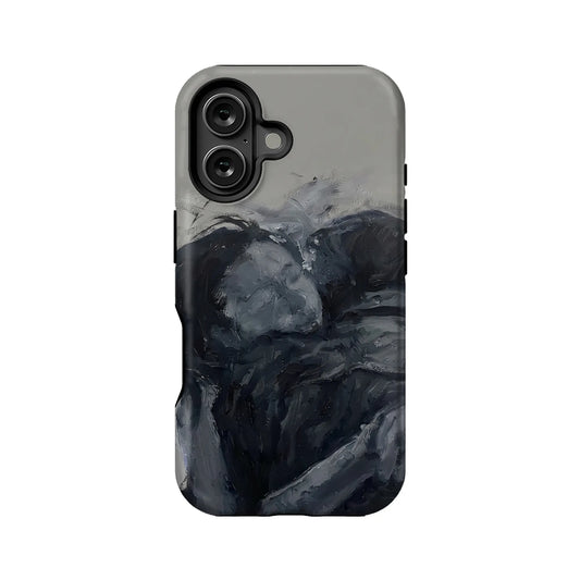 Gray and black abstract brushstroke phone case, rear view with dual camera cutout