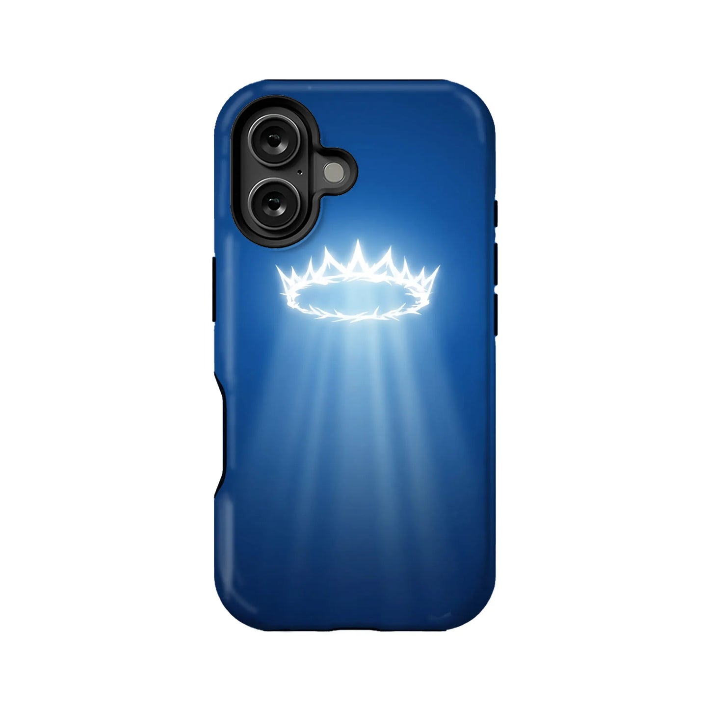 Blue phone case with glowing white thorn crown design, rear product angle