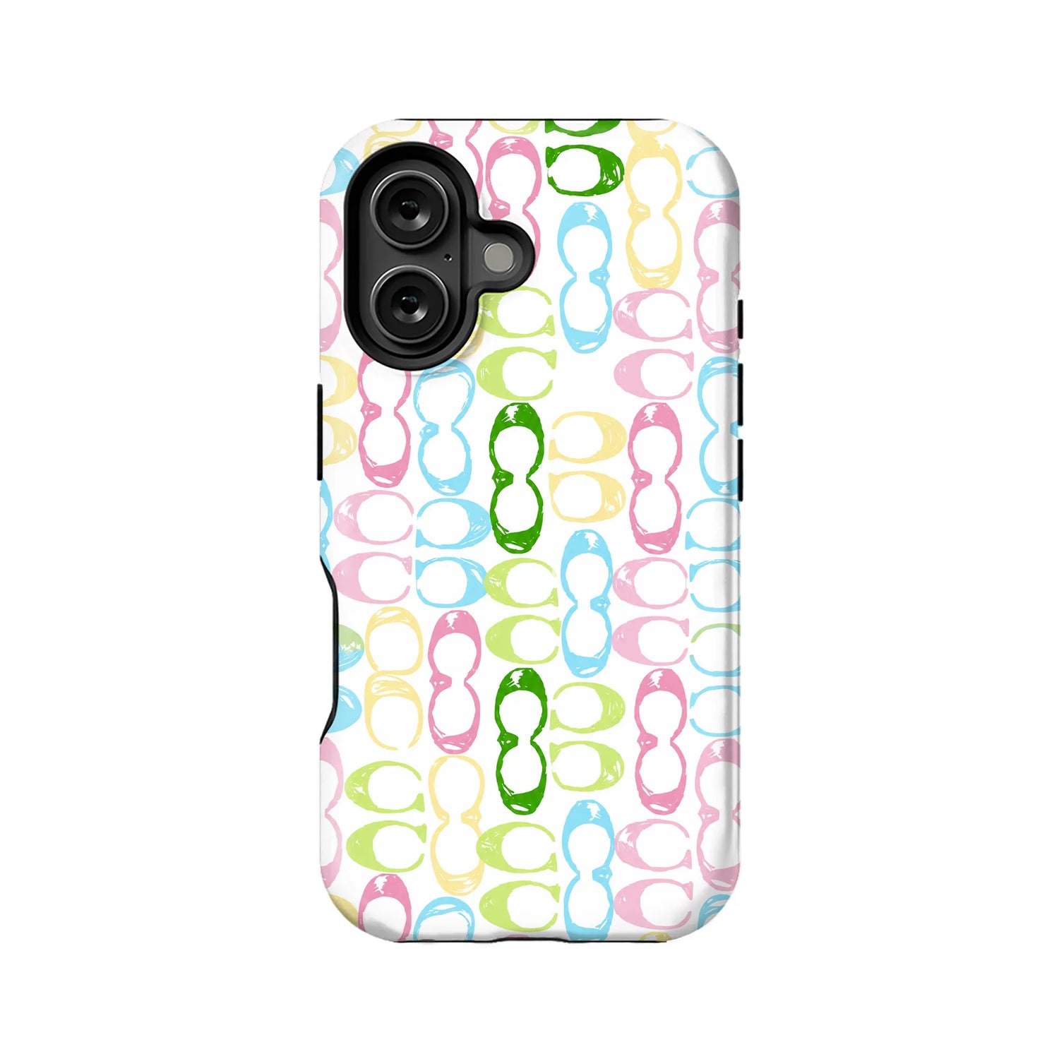 White phone case with colorful eyeglasses pattern, rear view with dual camera cutout