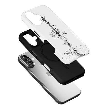 Black phone case with white illustrated outer shell, angled exploded product display