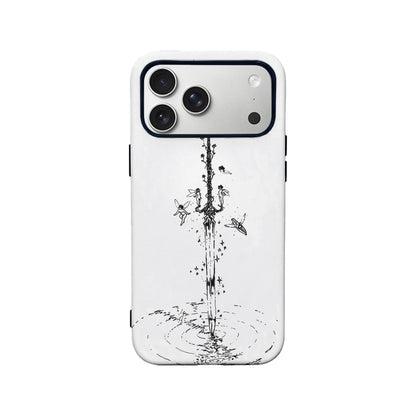 White phone case with black sword and fairy line art, rear product view