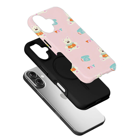 Pink Toy-Themed Phone Case – Adorable Bear and Vintage Toy Design