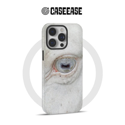 White horse eye print phone case shown from rear angled product view
