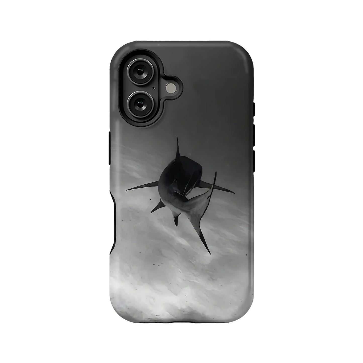 Black and gray shark print phone case, rear view with dual camera cutout