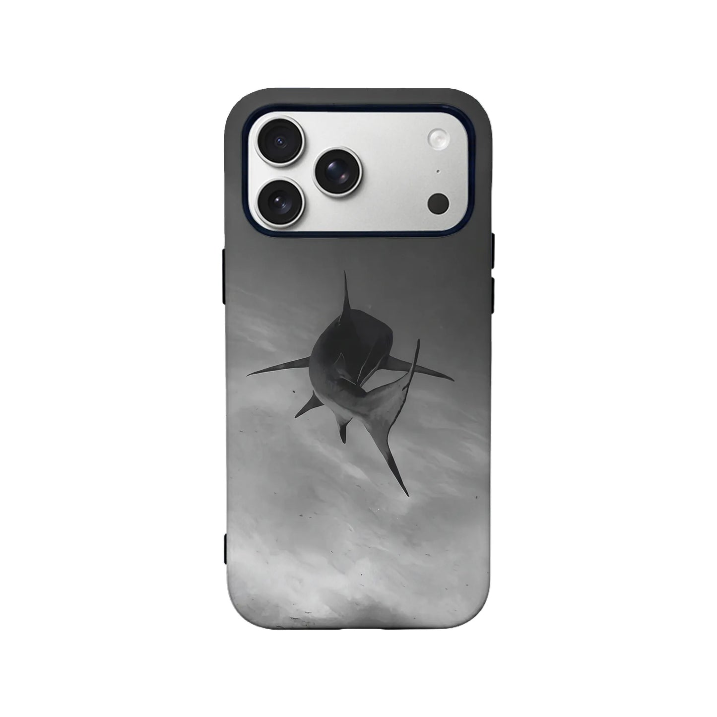 Black and gray shark print phone case, rear angle with camera cutout