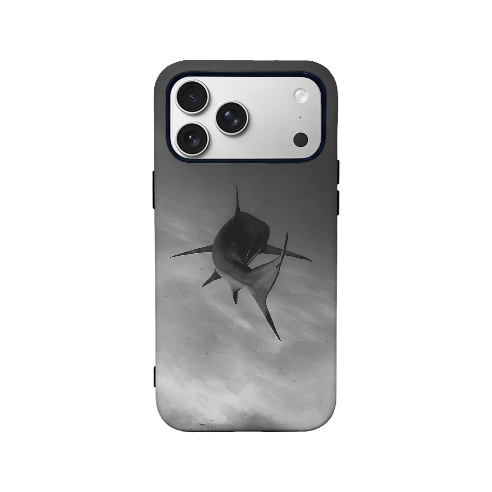 Black and gray shark print phone case, rear angle with camera cutout