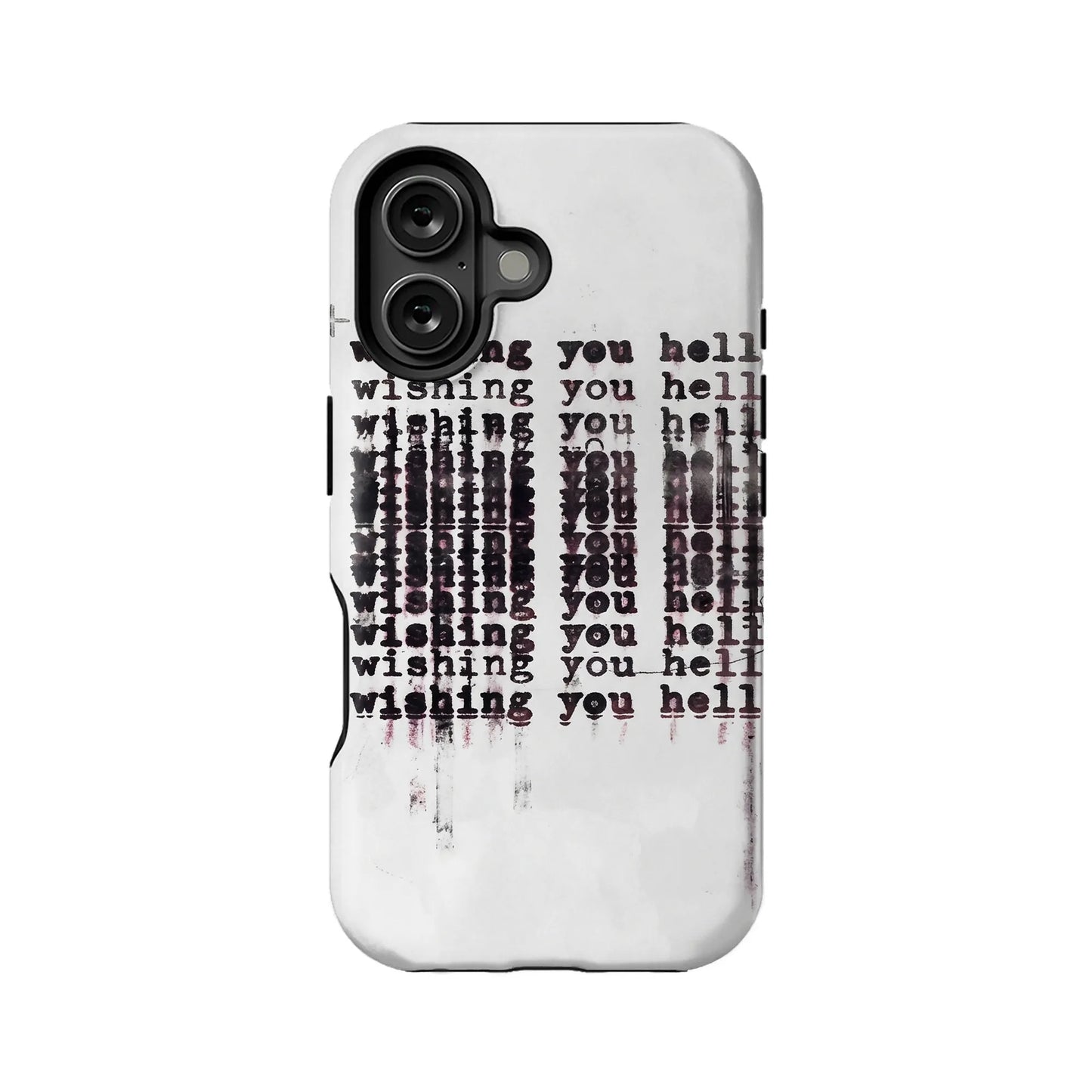 White phone case with black grunge text, rear view for dual camera smartphone