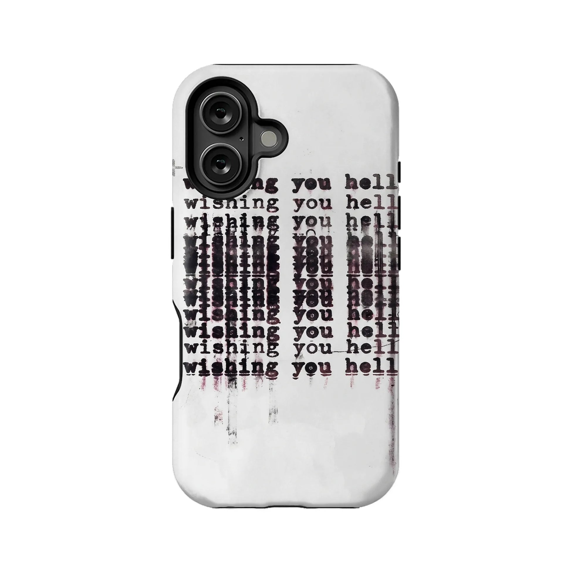 White phone case with black grunge text, rear view for dual camera smartphone