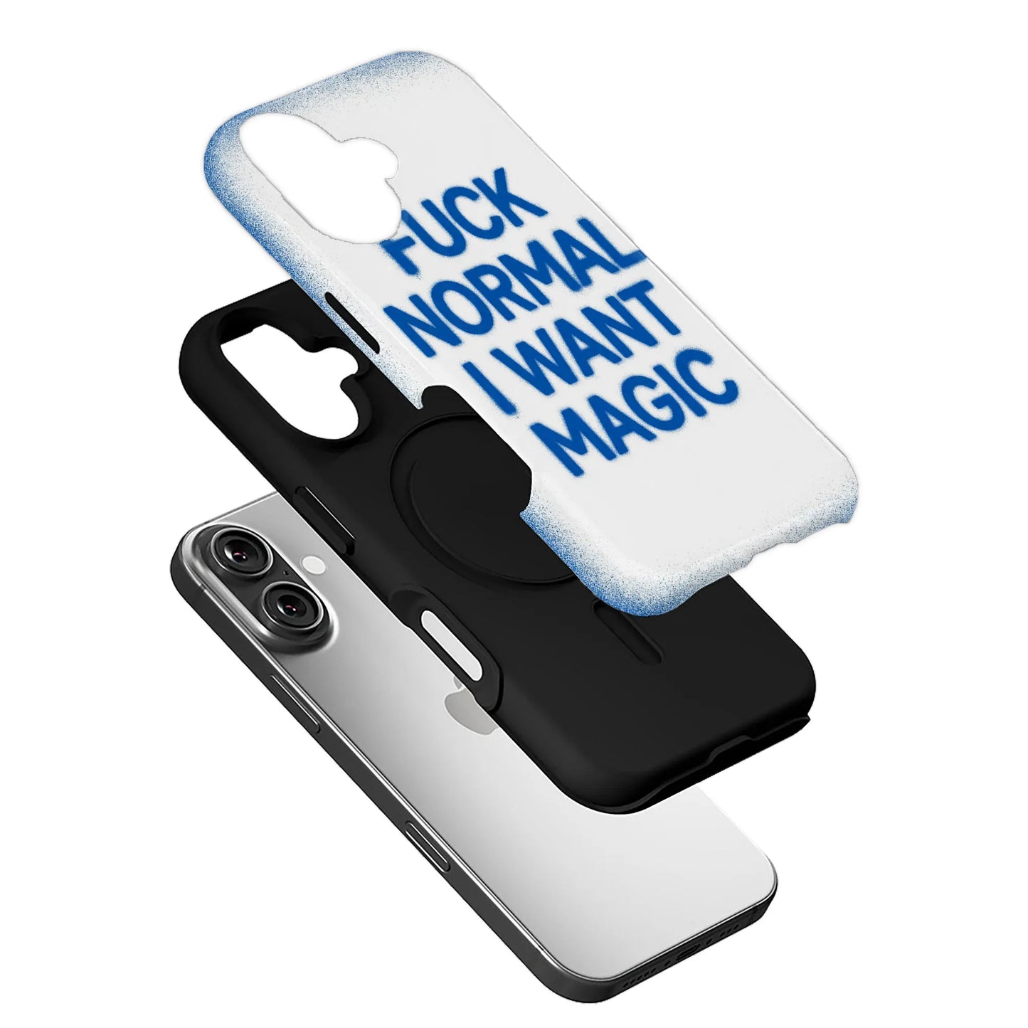 Angled exploded black smartphone case with white blue profanity slogan cover