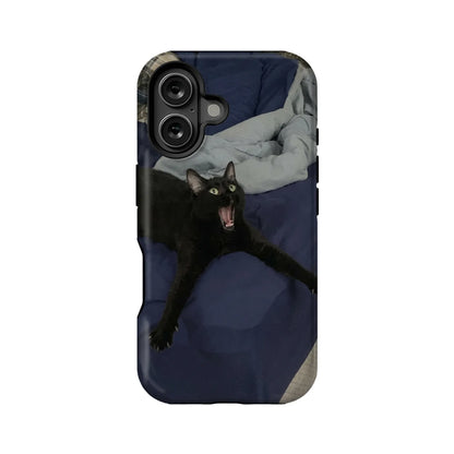 Back view of blue phone case with black cat print and dual camera cutout