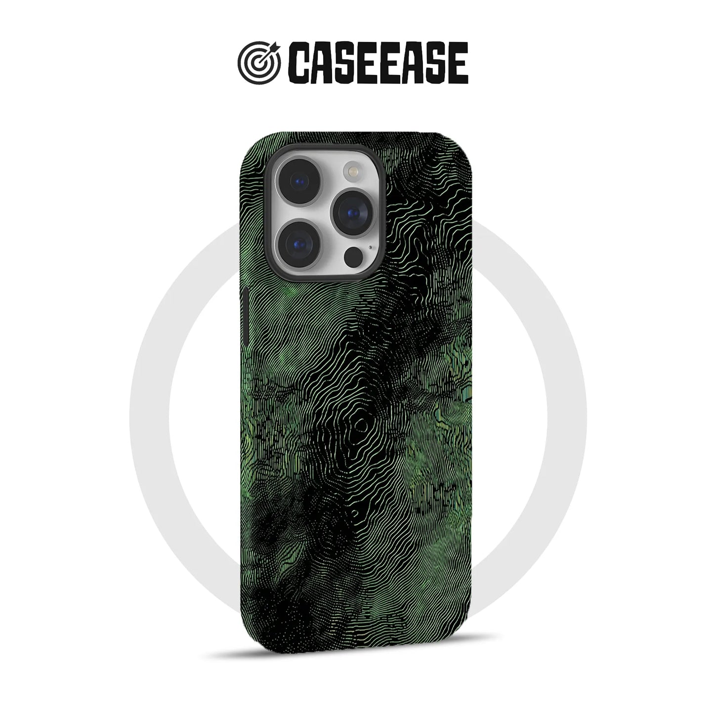 Black and green contour pattern iPhone case, rear view with triple camera cutout