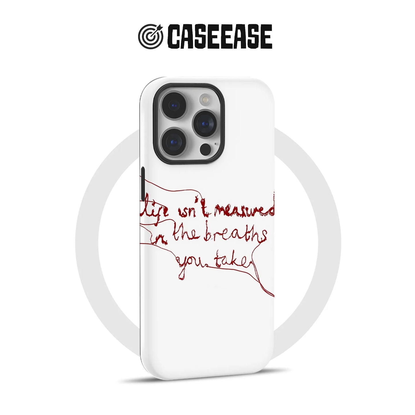 White plastic iPhone case with red handwritten script, rear angled product display