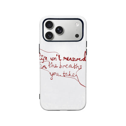 White phone case with red handwritten script design, rear view with camera cutout