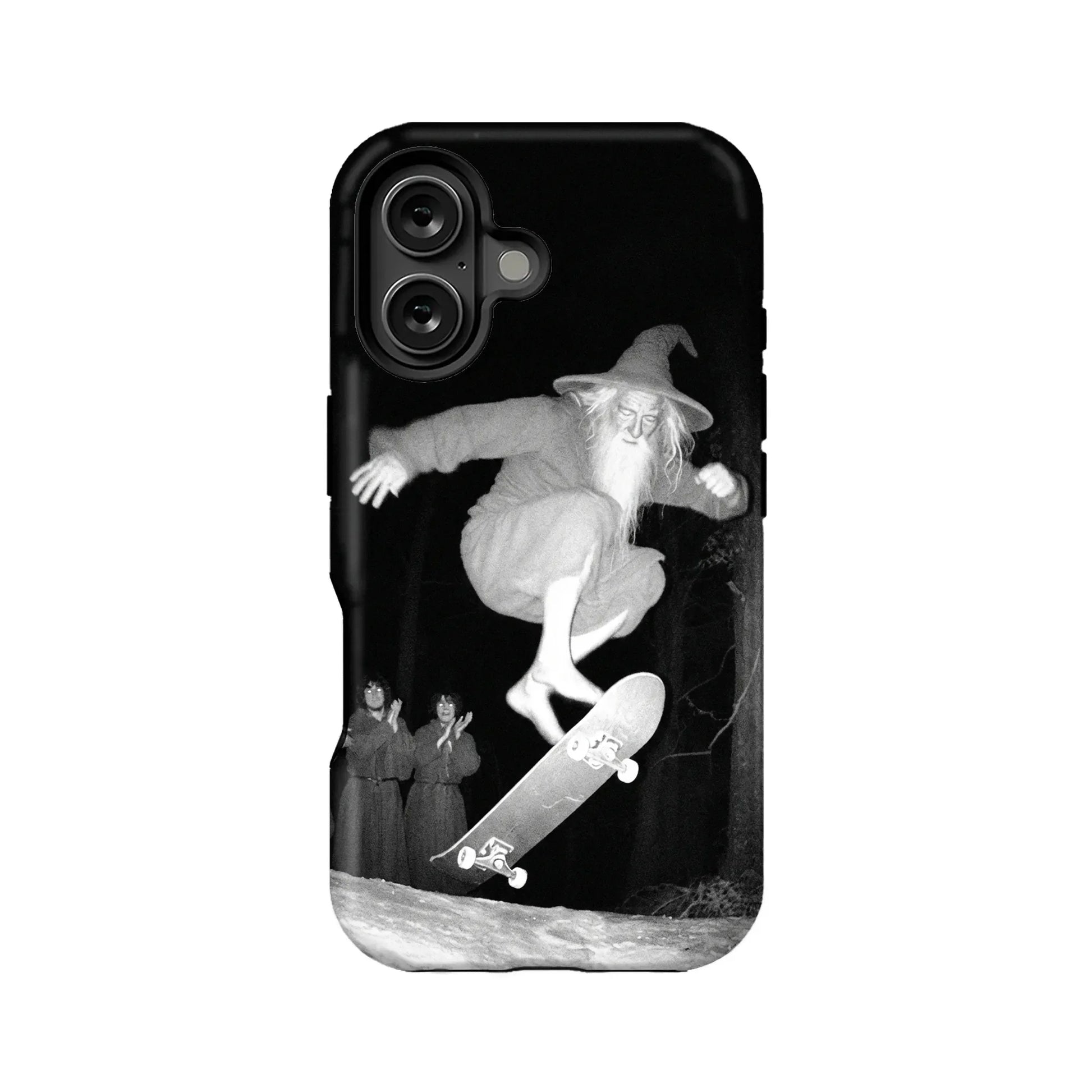 Black phone case back view with grayscale wizard skateboarding artwork and camera cutout