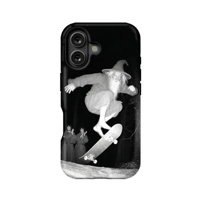 Black phone case back view with grayscale wizard skateboarding artwork and camera cutout