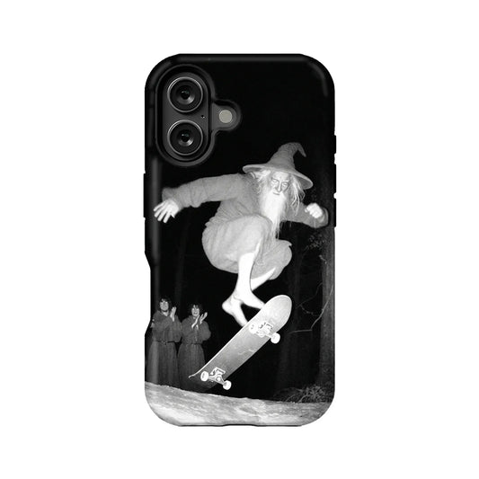 Black phone case back view with grayscale wizard skateboarding artwork and camera cutout