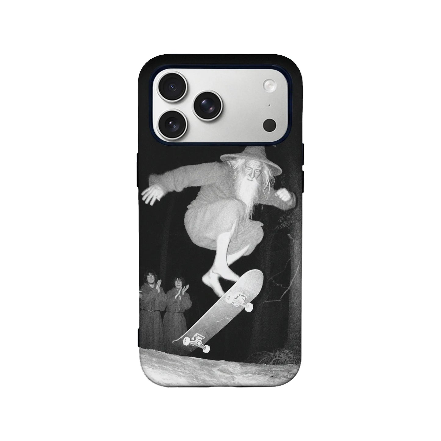 Black phone case with grayscale skateboarding wizard design, rear product view