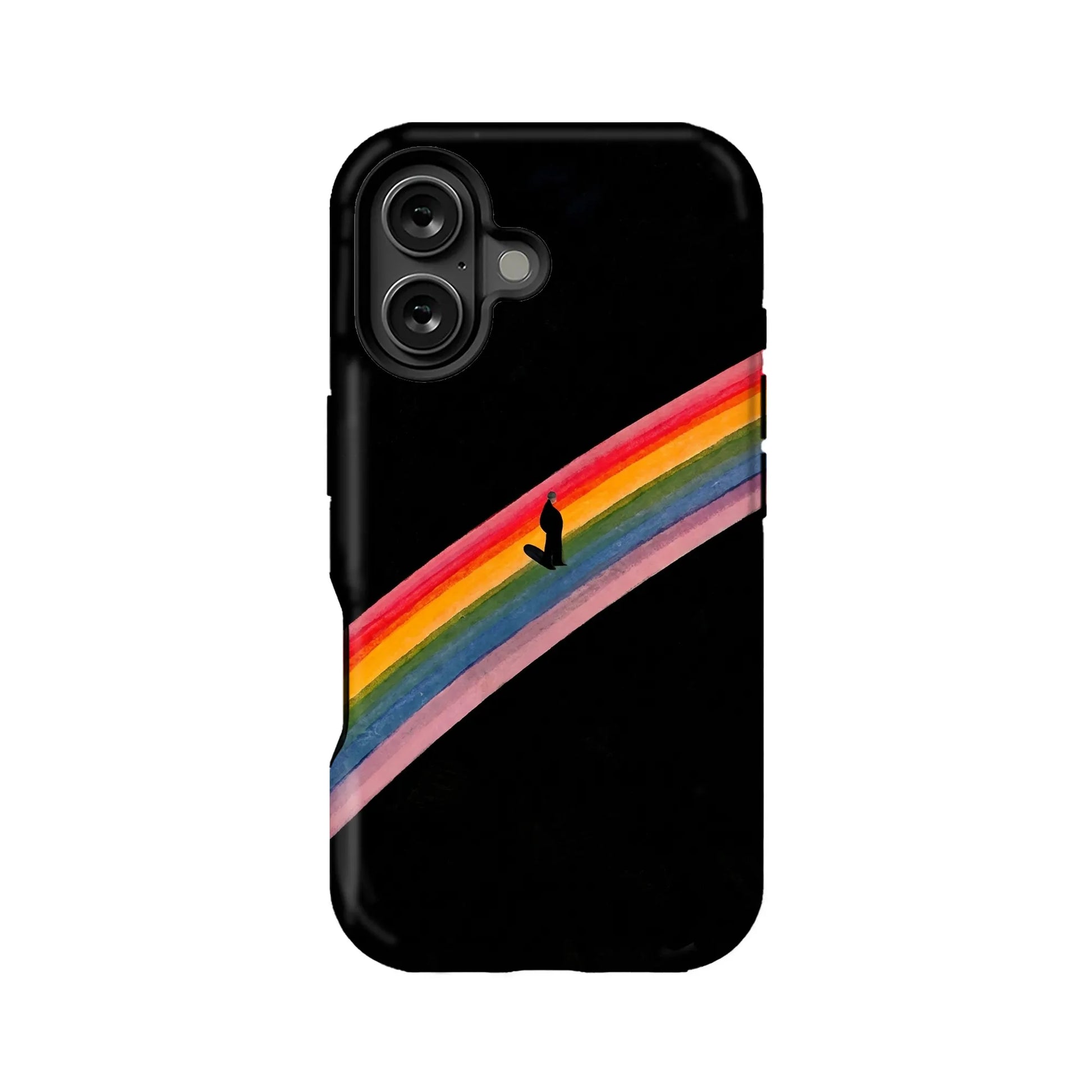 Black phone case with diagonal rainbow stripe design, rear product view