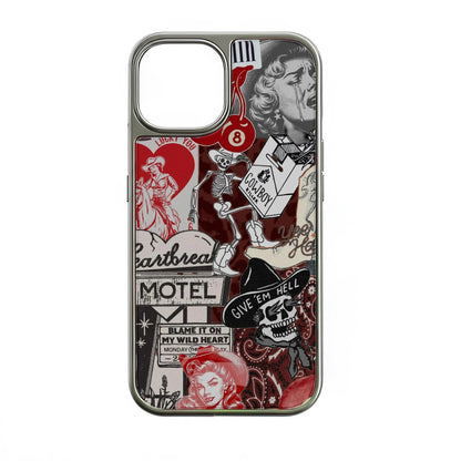 Silver phone case with red black western collage design, rear product angle