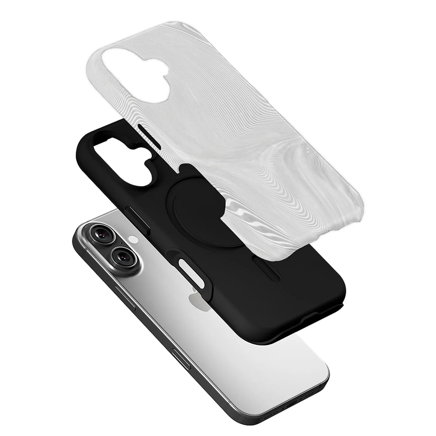 Black phone case with white textured insert, exploded angled view over smartphone camera