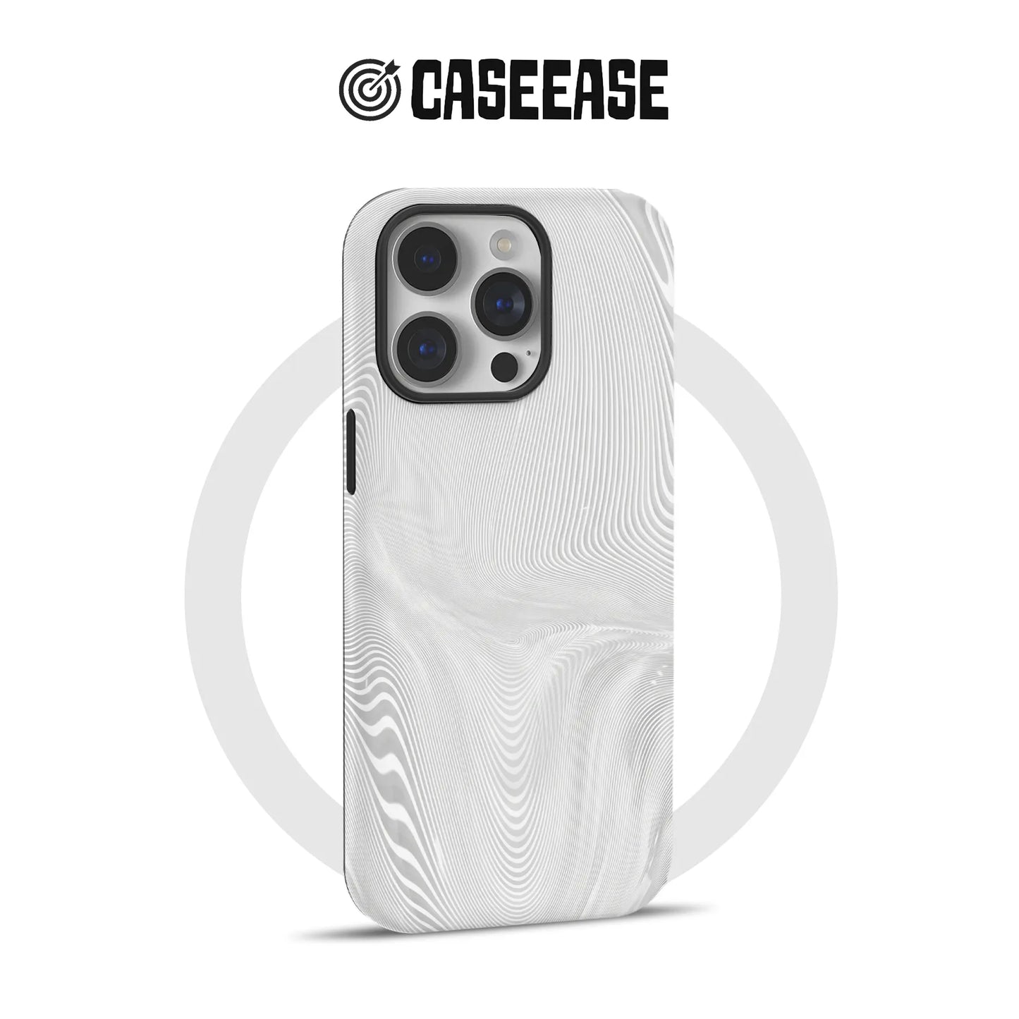 White CASEEASE phone case with wavy line pattern, rear angled product display