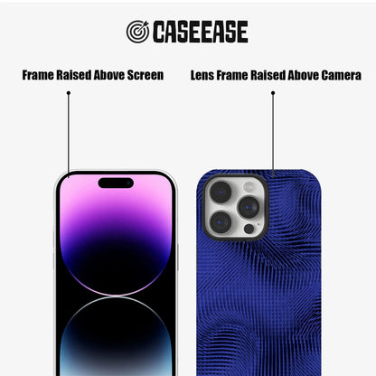 Blue textured phone case front and back views with raised screen and camera frames