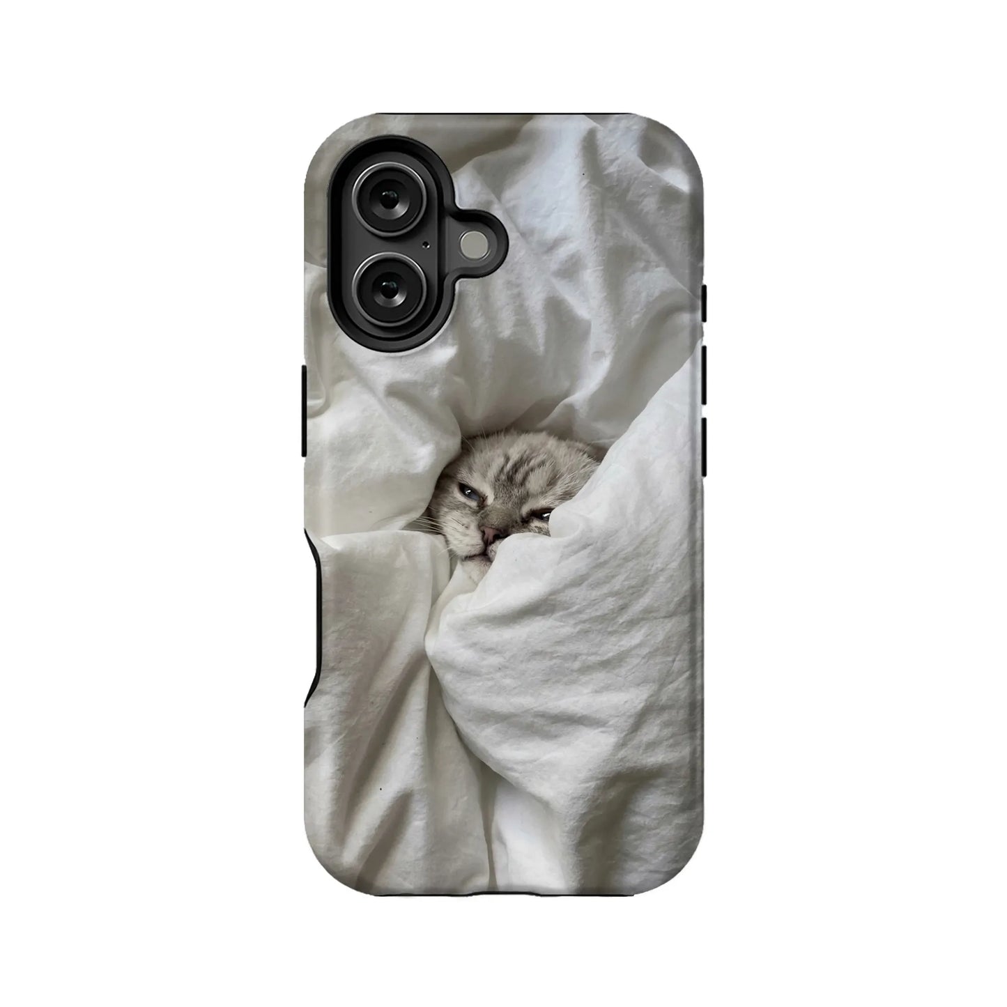 White cat-in-blanket print phone case, rear angle with black camera cutout