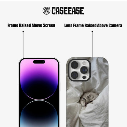CASEEASE gray cat phone case front and rear close-up with raised black screen and camera frames